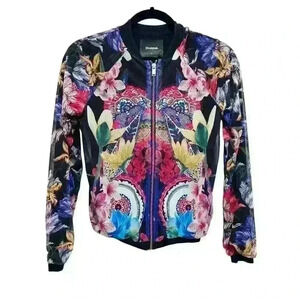 Desigual Jacket Women's Size XS Multi Pattern Floral Full Zip Colorful Mesh